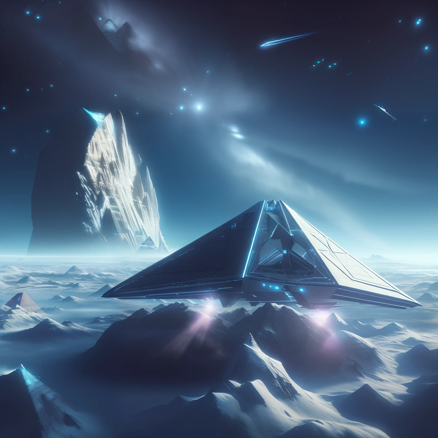 spaceship flying over a pyramid in the middle of a snowy landscape, jessica rossier fantasy art, by jessica rossier, in style of beeple, sci-fi digital art, 3 d render beeple, ancient megastructure pyramid, sci-fi fantasy wallpaper, beeple and tim hildebrandt, inspired by jessica rossier