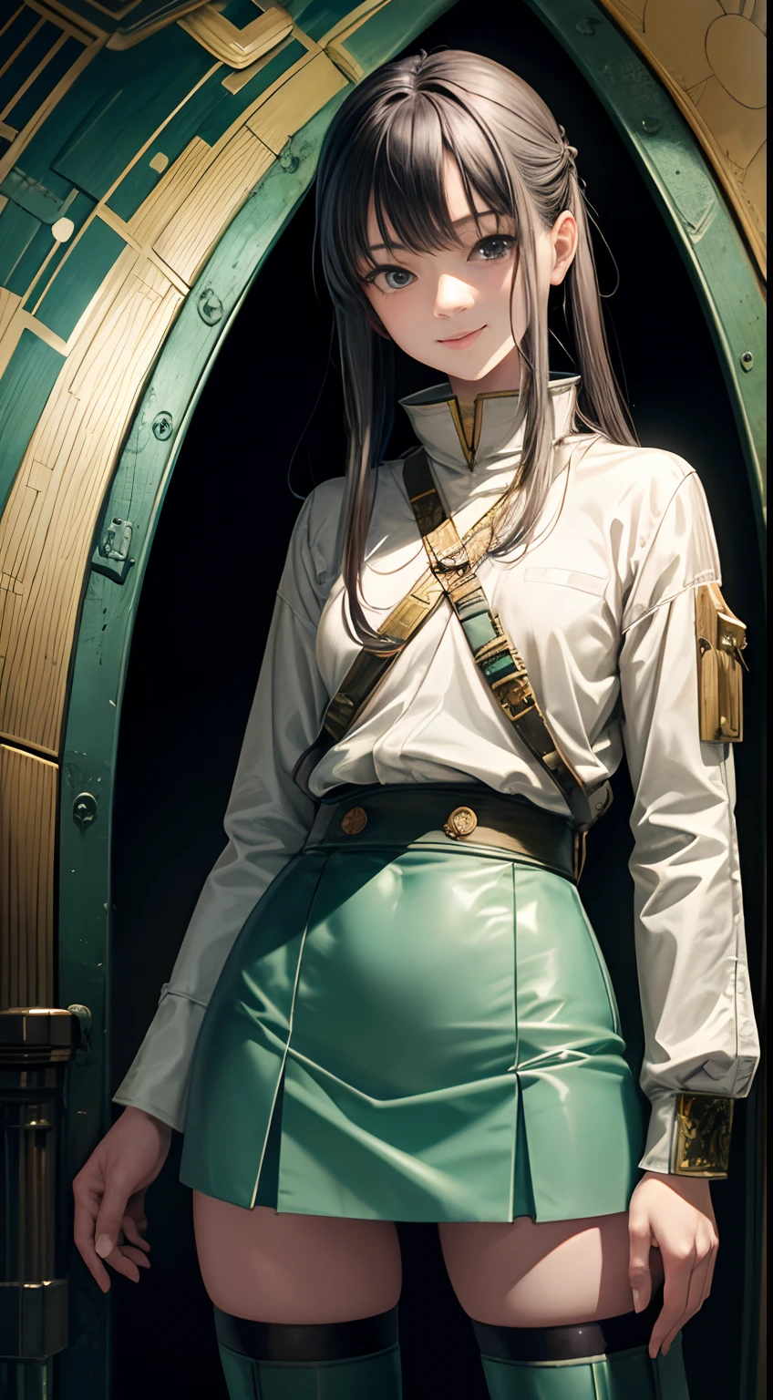 Katsuhiro Otomo, Kate Greenaway, Surreal Mysterious Weird Fantastic Fantasy Sci-fi Fantasy Japanese Anime Jacek Yerka style, Galaxy in your Pocket, Miniskirt Beautiful Girl perfect body, detailed masterpiece High resolution definition quality depth of field cinematic lighting sexy sensual erotic coquettish mischievous embarrassed shy smile