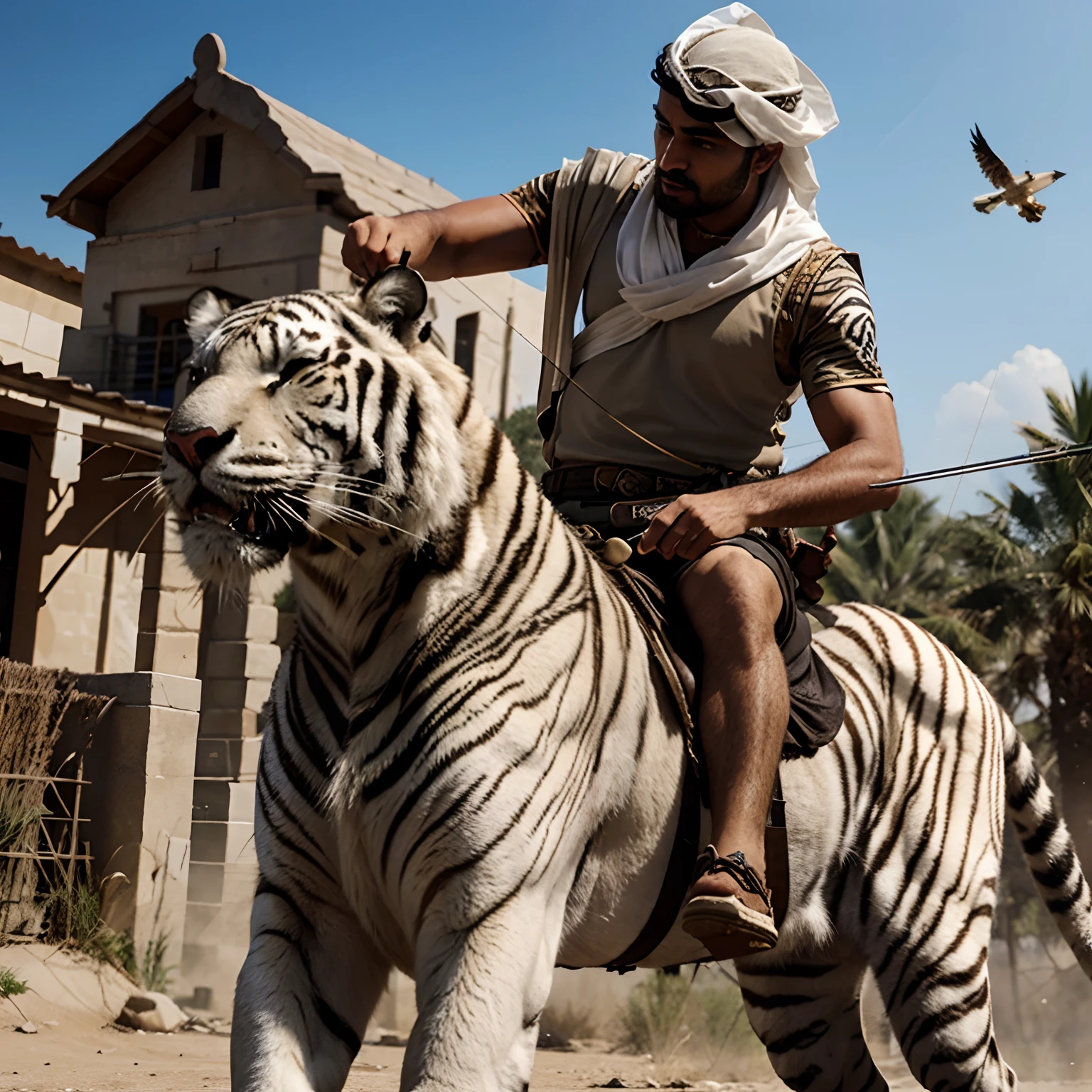 An ultra realistic arab man hunting with a white tiger next to him holding a bow and arrow and a hawk landing on his shoulder ultra and mega realistic details