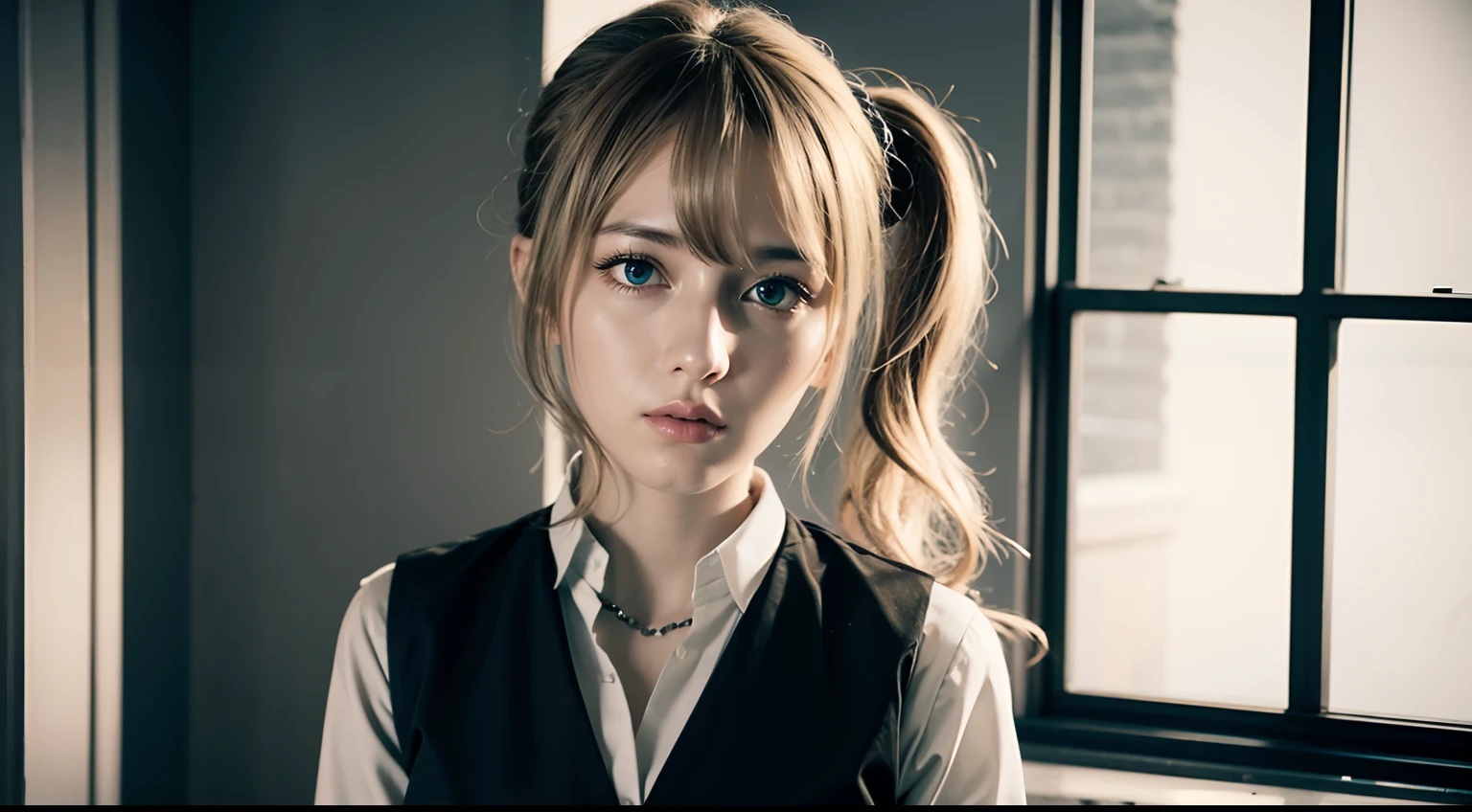 aahayasaka, side ponytail, medium breasts, necklace, collared shirt, black vest, sleeves rolled up, black skirt, extremely beautiful face, beauty, exquisite face, upper body