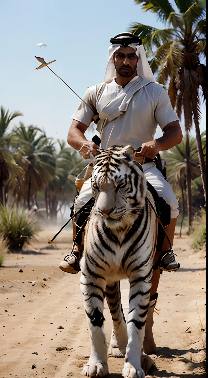 An ultra realistic arab man hunting with a white tiger by his side holding a bow and arrow and a hawk landing on his shoulder ultra and mega realistic details