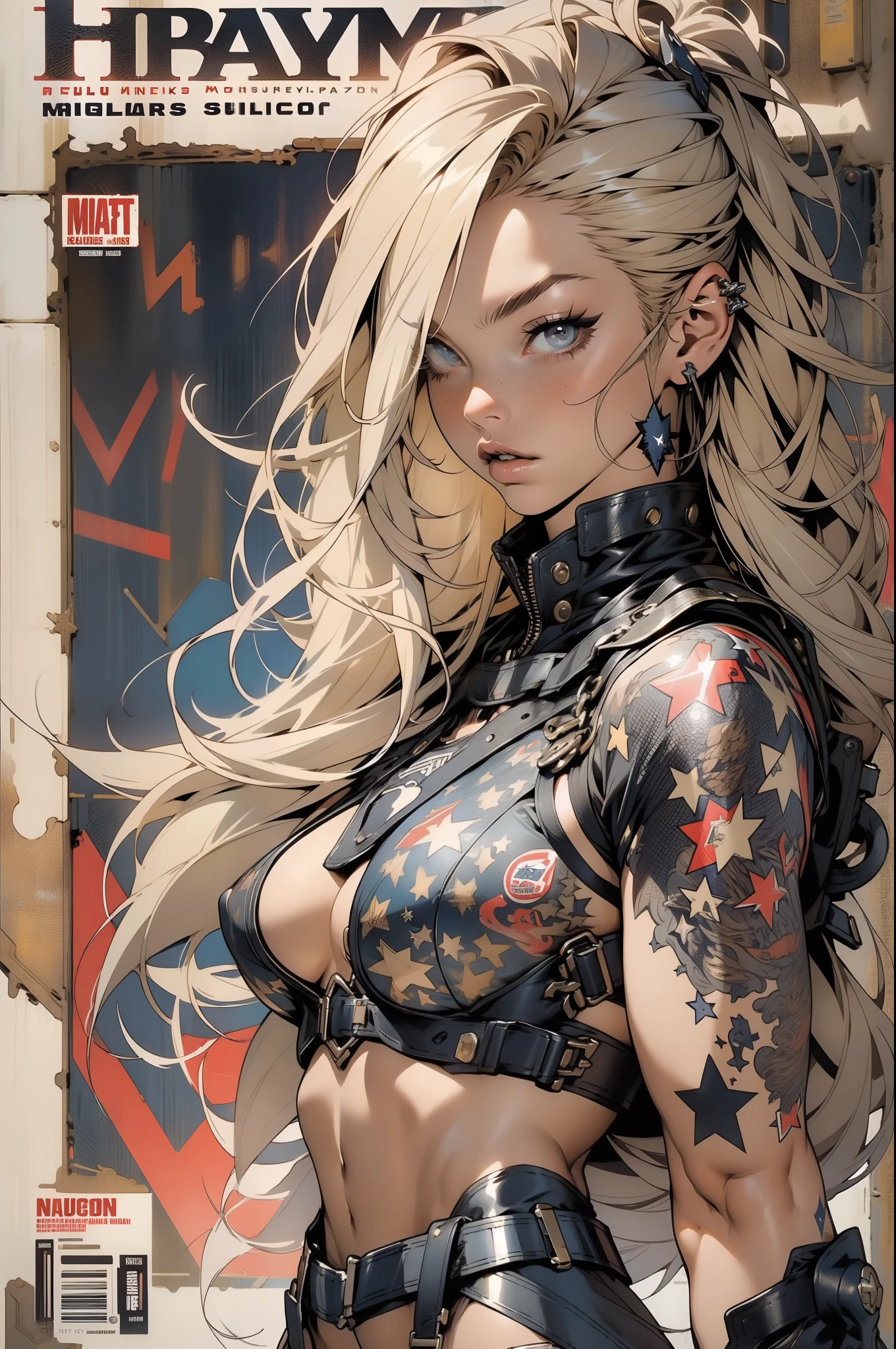 (((woman))), (((best quality))), (((masterpiece))), (((adult))), (((full body)))), A muscular 35-year-old full-body warrior perfect body, almost naked in Simon Bisley's urban savage style for the cover of Heavy Metal magazine, blonde hair, Minimal clothing, armor (dark blue with white stars), full of ink-stained spikes and rivets, 5-pointed star tattoo, (((full body))) magazine cover pose