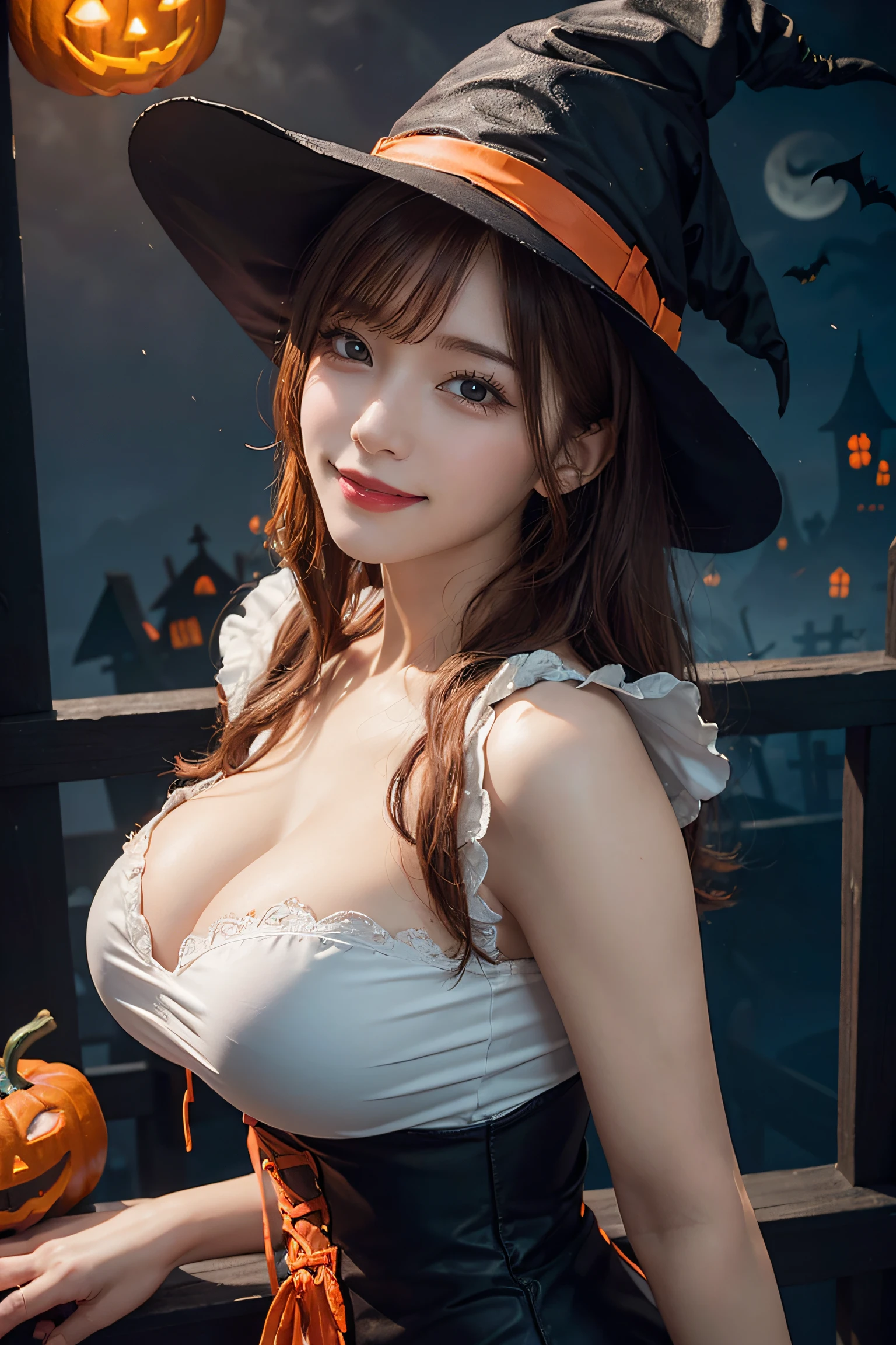(Halloween theme:1.5), (fantasy:1.5), upper body portrait of a tall very busty beautiful women wearing halloween witch costume, skin tight full lacy ultra detailed embroidery Dirndl, (fusion of orange Dirndl and aodai:1.2), (Hood), BREAK, ((;D1.3, evil smile:1.2)), perfect face,perfect eyes,HD details,high details,sharp focus,studio photo,HD makeup,shimmery makeup,celebrity makeup,(( centered image)) (HD render)Studio portrait,magic, magical, fantasy,(huge breast)(large breast), halloween house, jack-o' challenge, pink hair, halloween background, bright pumpkin, (arms down),(arms behind),
