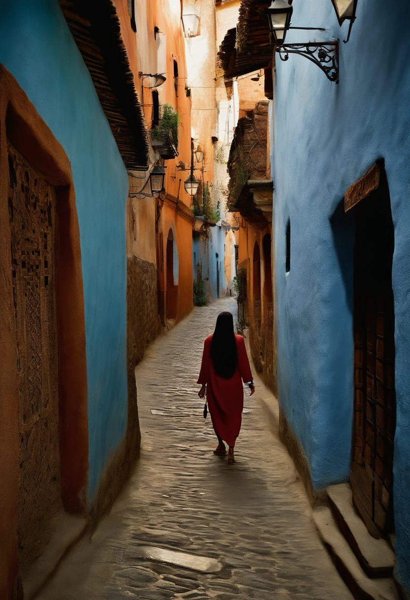 arafed image of a person walking down a narrow alleyway, ancient city streets behind her, inspired by Steve McCurry, spanish ghibli alleyway, a woman walking, clothed in ancient street wear, walking down a street, neo-andean architecture, neo - andean architecture, toward to the camera, woman, he is traversing a shadowy city