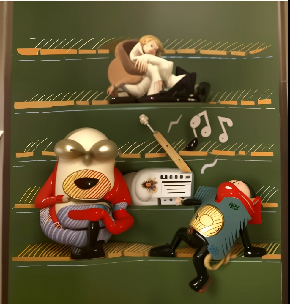 Interesting and creative characters, Cylindrical body, Relax on the stairs. The staircase radio mixes classical and contemporary music, Each note is、The character's body is deformed,、Style changes. The stylistic depiction of the characters is remarkable.
