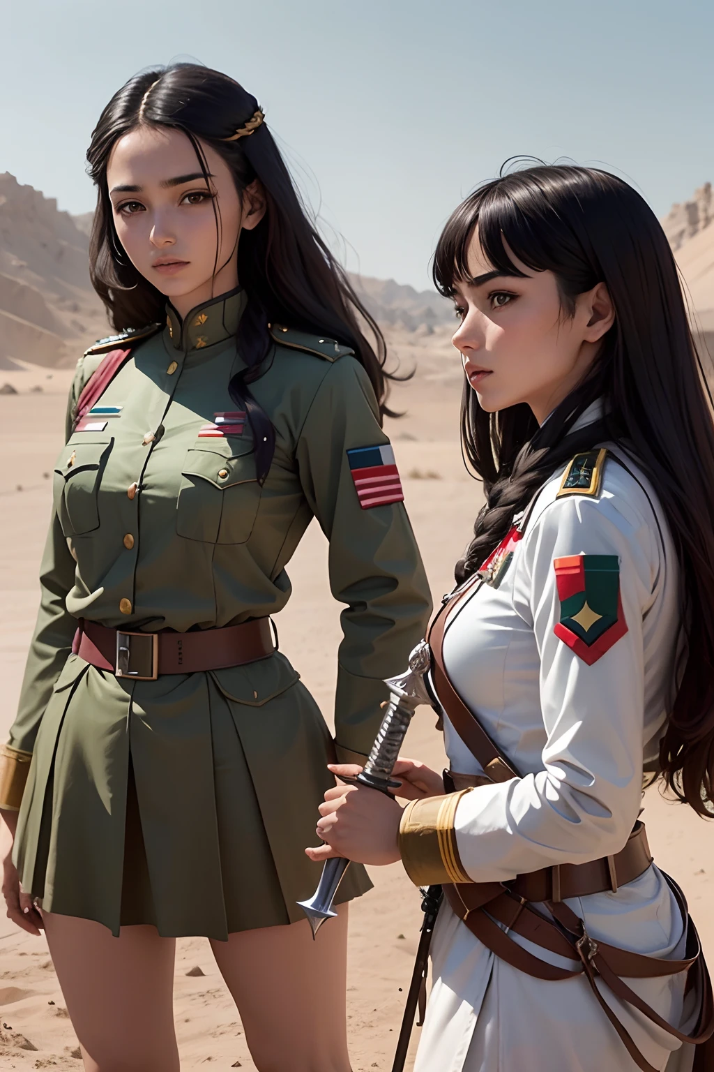 Jeunes femmes orientale uniforme militaire complet, drapeau de la palestine, des armes avec elles, paysage oriental, They have spears and swords, tenue de combat