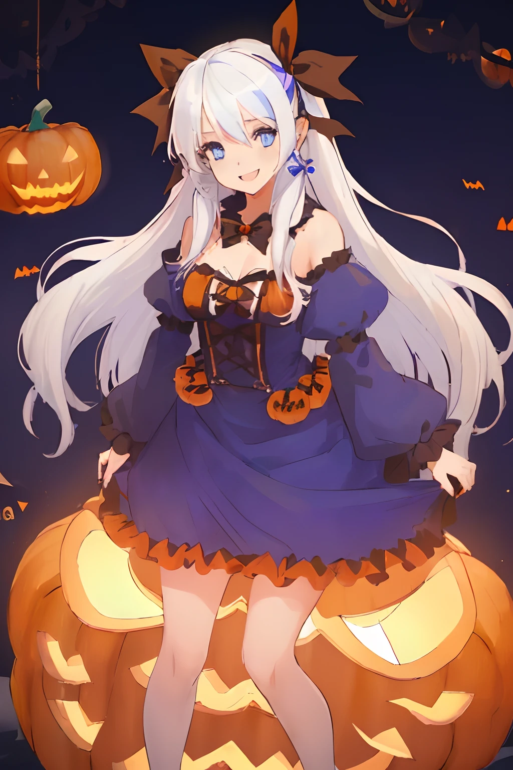 ((((1 girl)))), ((((solo)))), fullbody, ((((white hair)))), long hair, ((((blue hairribbon)))), ((((blue eyes)))), happy, smile, 18 year old, dynamic angle,  (((wearing a pumpkin halloween costume))),  standing in Halloween cosplay parade a night , in tokyo