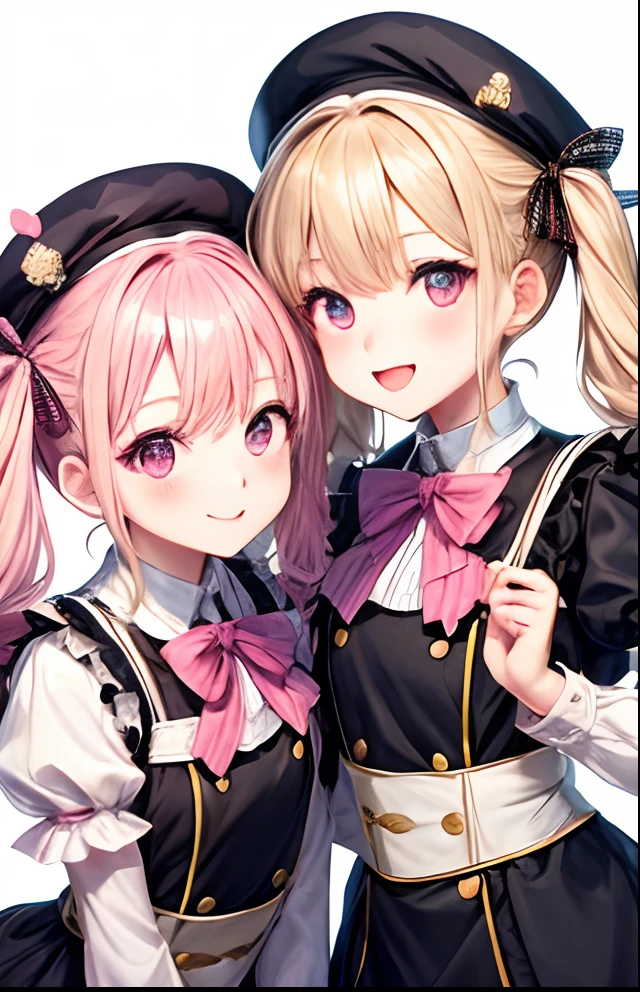 girl with、No background、without background、Background through、White blonde、Pink ash、Pink eyes、Pink eyes、Small double knots、Small twin tails below、beret、bow ribbon、A smile、kawaii、2guys、twinsies、There are two of them、Relatives、friend、No background