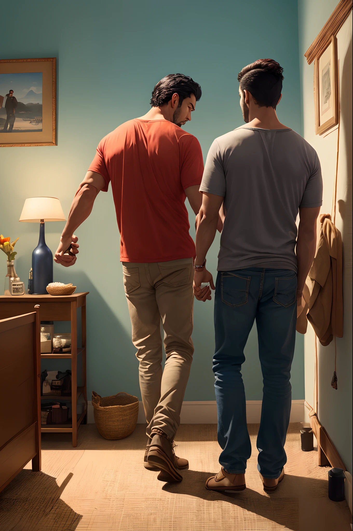 Disney Pixar movie poster of Hispanic male with short hair. Setting is a bedroom. The male whose back is facing us is holding an empty beer bottle in one hand and palming his fist in the other one. We can see a woman in fear. Title the movie “Honduran”