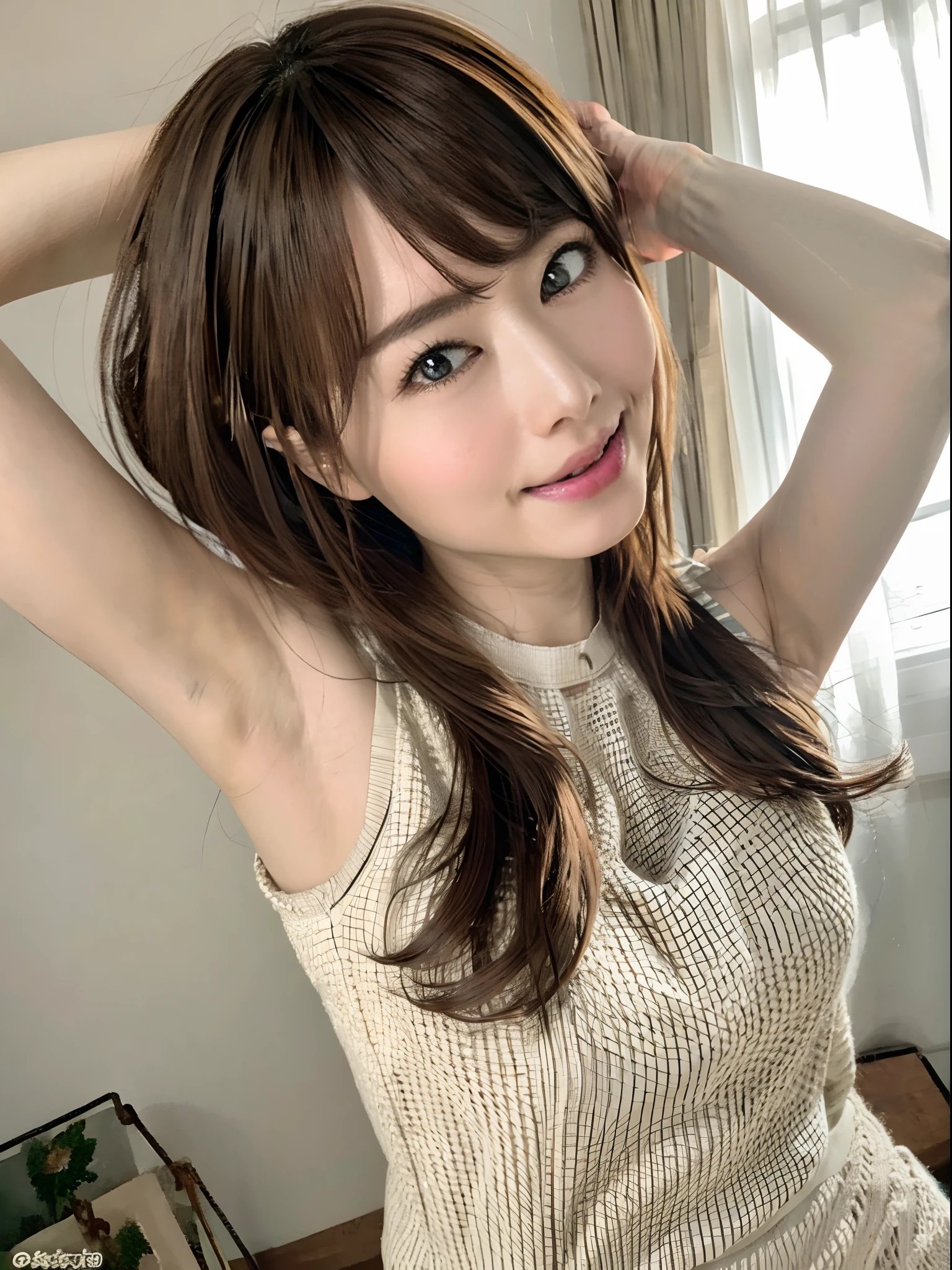 Ultra-realistic capture, Highly detailed, High resolution 16k close-up of human skin. Skin texture must be natural, Detailed enough to finely identify pores. Skin should look healthy, In a uniform tone. Use natural light and color 、Brown-eyed、Looking at the camera、Look at viewers、Armpit、room at night、simple background、goddess of Japan、Close-up on the face、From above