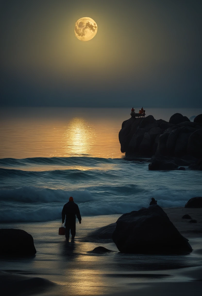 The fishermen returning safely to the shore, under a calm moonlit sea.