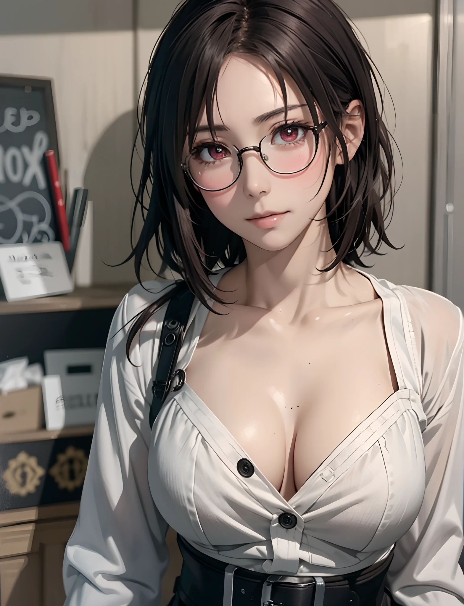 (masutepiece, Best Quality: 1.2), Yol(chain saw man),(Very detailed face, Real Image, Realistic skin, Realistic body, Intricate details), Red Eyes (Intimidating look), Light blush, Social Clothing, Semi-open button-up shirt (white), White bra, Skirt (Black), Black belt with buckle, Short hair, Glasses, Small breasts, close-up, large thighs, crass room, chalk board.