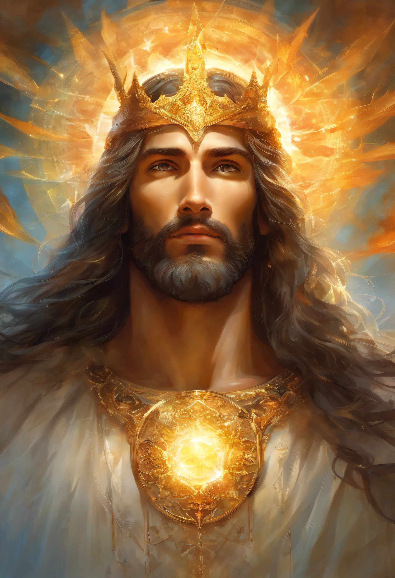 An 8K high-definition portrait of an man face(( Jesus Cristo)) ((Um homem anjo)), (( o Filho de Deus)), Deus, arte de deus, Deus da mitologia grega, Deus da Lua, Deus do amor e da paz, deus bonito, Mitologia do Deus da Terra, o deus Eros, Um retrato impressionante de um deus, Frank Kelly Freas, Estilo Karol Bak, ((beautiful face)), Ultra Definition, melhor qualidade, 32k ultra. Molten iron eyes coming out of flame, face shining like the sun, long flowing hair, bright white, sticking out of mouth, a translucent gleaming beam of light, wearing a shiny white tunic of the first century with polished gold accents
