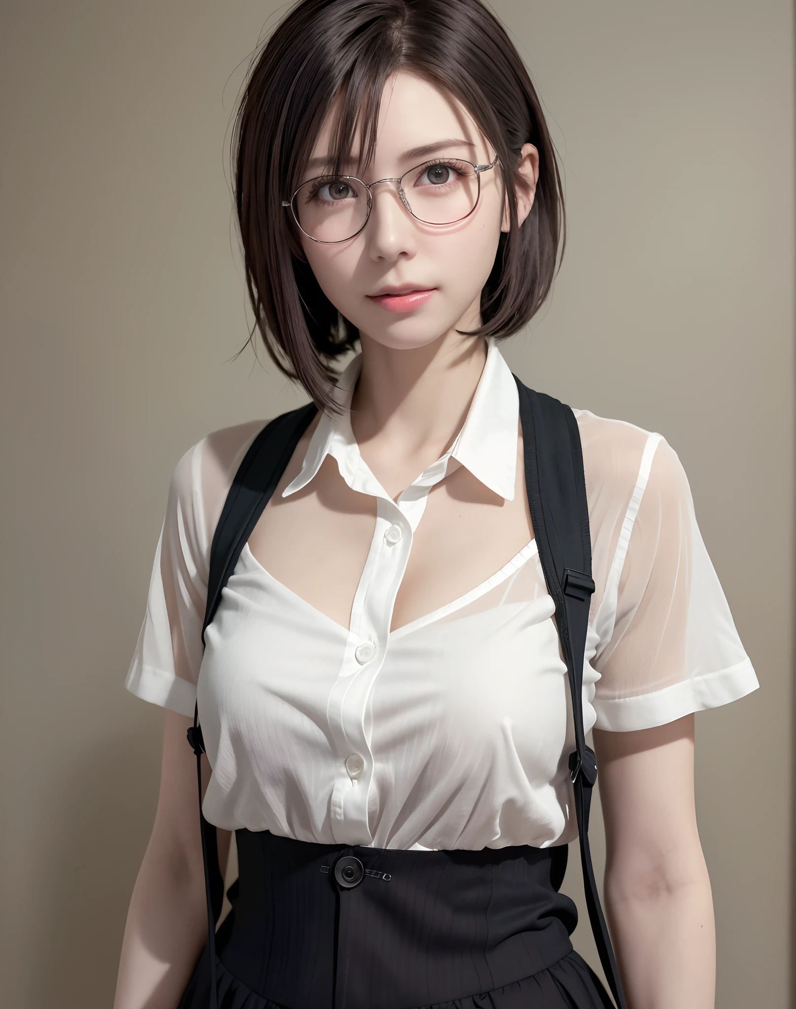 (masutepiece, Best Quality: 1.2), Yol(chain saw man),(Very detailed face, Real Image, Realistic skin, Realistic body, Intricate details), Light blush, Social Clothing, Semi-open button-up shirt (white), White bra, Skirt (Black), Short hair, eye glasses, crass room, chalk board.