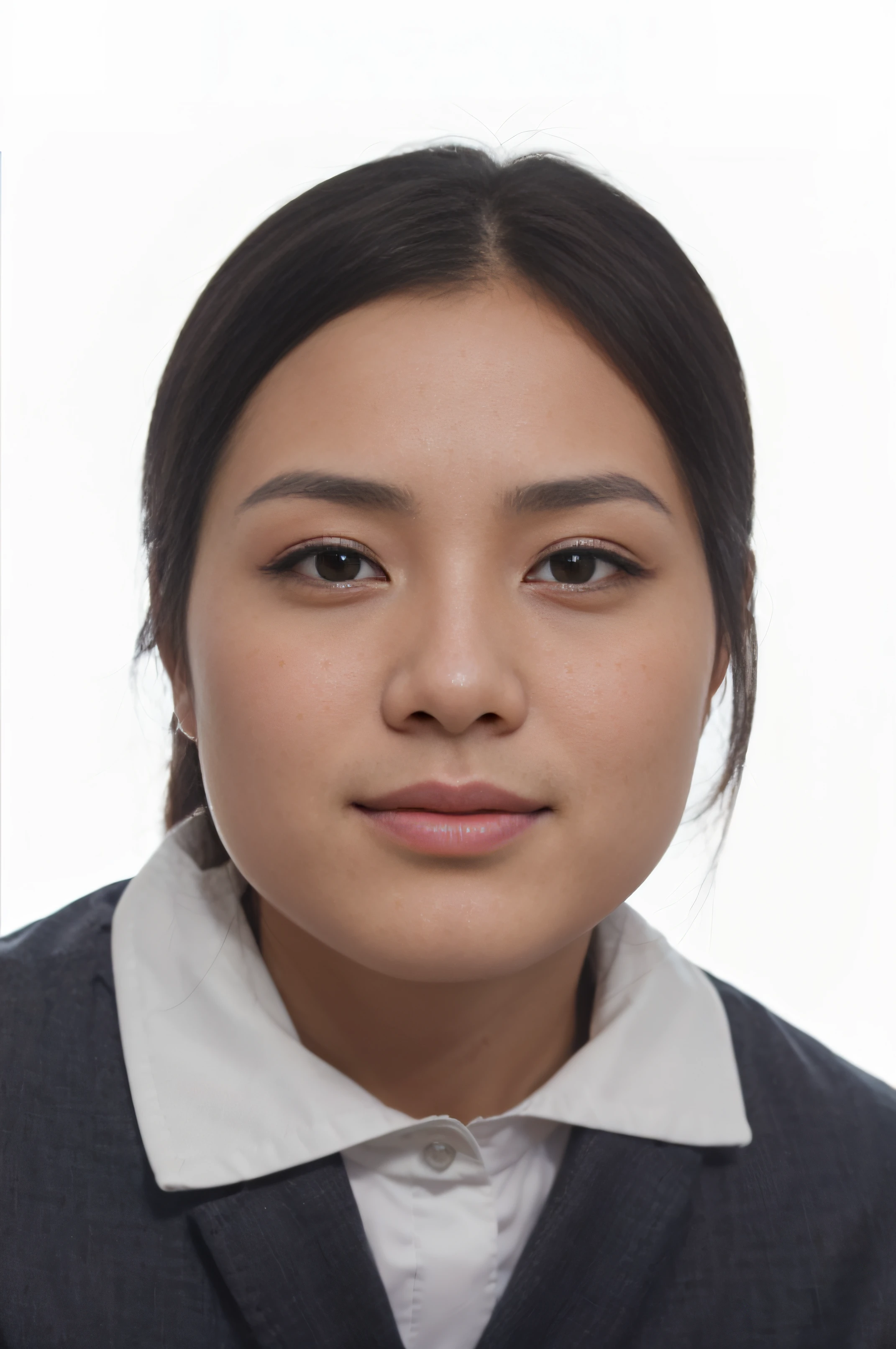 Portrait of a 30-year-old Chinese lady,Single Eyelids,petty eyes,Face emaciation,without a beard,Good facial features,Symmetrical facial features,The ears are symmetrical and clear,Ultra-clear and realistic facial features,hair natural,He wears a white shirt,The collar is white and symmetrical,Gray blazer,The texture of the clothes is clear,Ultra-clear texture,Camera shooting effect,Light and shadow are natural,symmetrical clothes,Ultra-clear and realistic 8K,Very detailed eyes and face,hyper-detailing, High definition, Very detailed, Best quality, Masterpiece, , Realistis, Real, 8K wallpaper,Background details for foreground objects (Masterpiece: 1.2) (Photorealistic: 1.2) (Bokeh: 1.2) (Best quality) (Color grading) (Detailed skins: 1.3) (complex) (8K)(Movie lighting: 1.3) (Sharp focus), Glossy glossy skin, Front Ultra HD, Digital SLR, Soft lighting, High quality, Skin texture, filmgrain, Close up, 超高分辨率,
