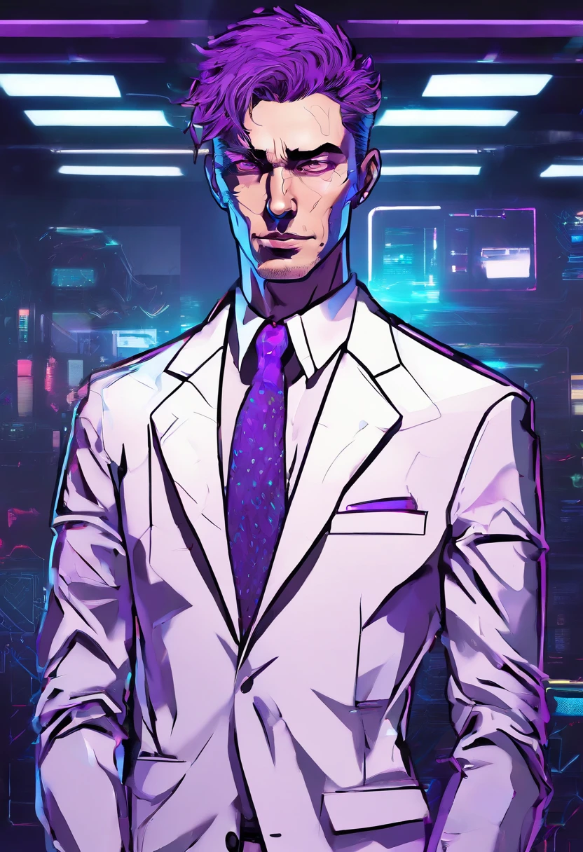 ((Skinny, lanky, normal, mid-30s, unshaven, white, ((American, pale skin, english)), male, businessman wearing a basic suit and tie, nose ring)), cowboy shot, (black short shaggy hair with purple highlights), ((office background)), (highly detailed photo realistic), sharp focus, ultra high quality, vibrant, masterpiece, (cinematic lighting), ((male))