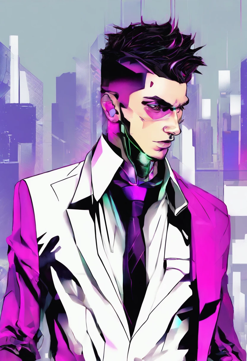 ((Skinny, lanky, normal, mid-30s, unshaven, white, ((American, pale skin, english)), male, businessman wearing a basic suit and tie, nose ring)), cowboy shot, (black short shaggy hair with purple highlights), ((office background)), (highly detailed photo realistic), sharp focus, ultra high quality, vibrant, masterpiece, (cinematic lighting), ((male))