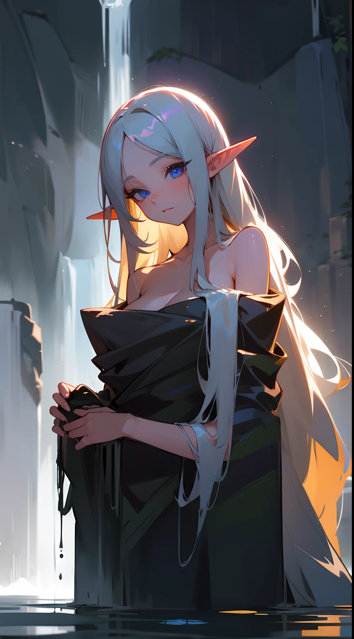 elf girl, delicated face, very long hair, pointy ears, naked, night, waterfalls