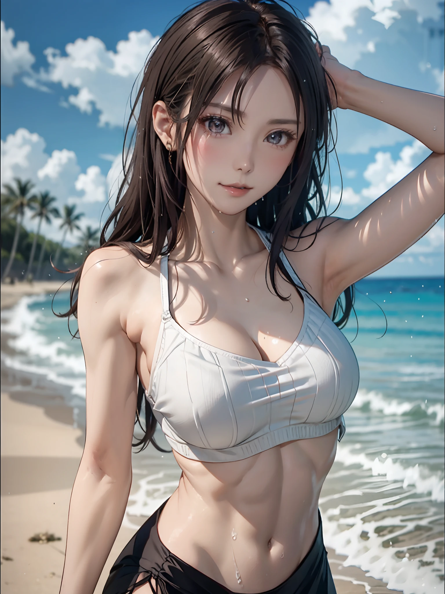 Hawaiian Wakiki Beach, Sleeveless dress, ((Best Quality, 8K, masutepiece: 1.3))), Clear focus: 1.2, (layers-Cut, Large: 1.2), Beauty of Perfect Figure: 1.4, Slender Abs: 1.2, Wet body: 1.5, Highly detailed face and skin texture,, Double eyelids, messy hair style, Plain makeup,