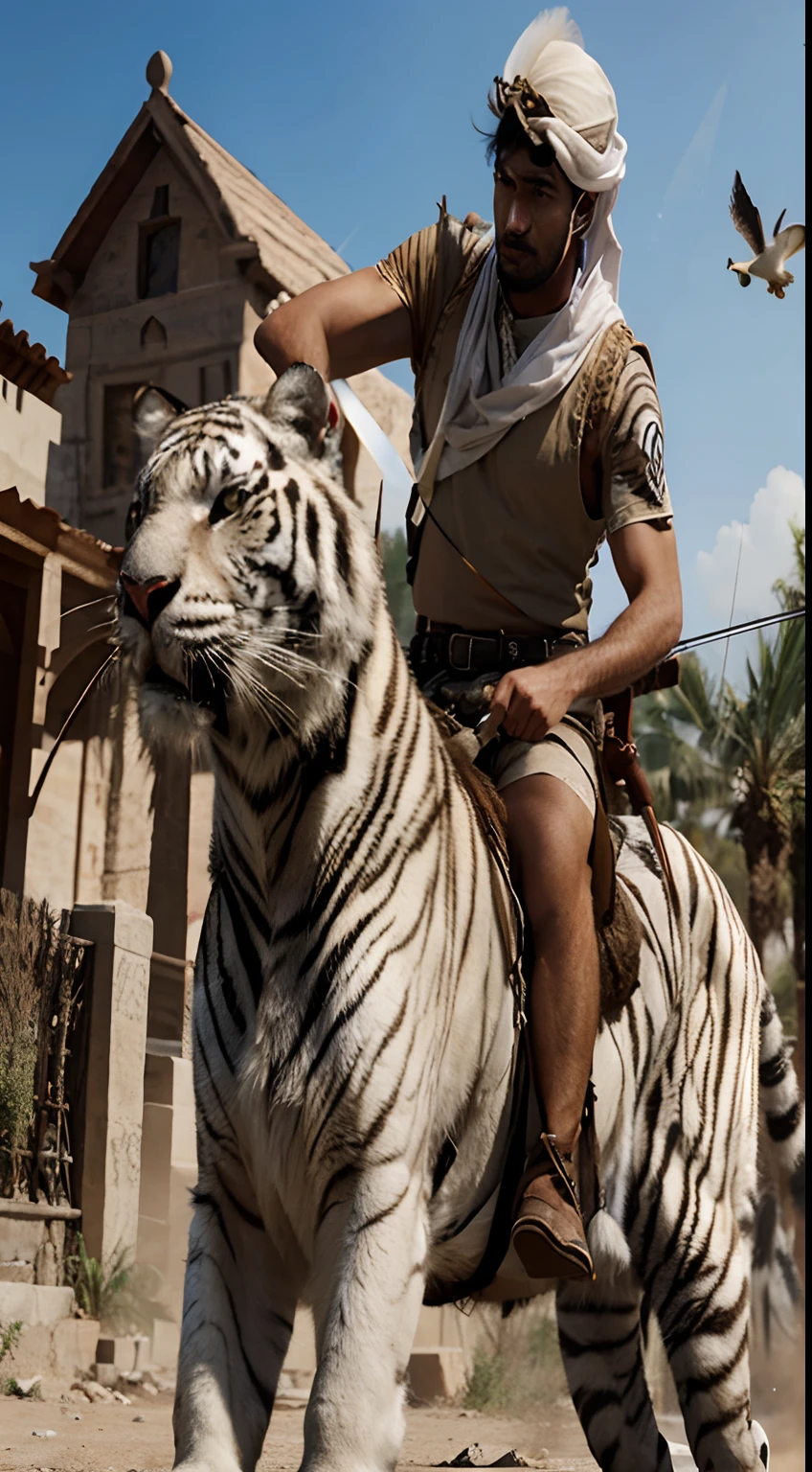An ultra realistic arab man hunting with a white tiger by his side holding a bow and arrow and a hawk landing on his shoulder ultra and mega realistic details