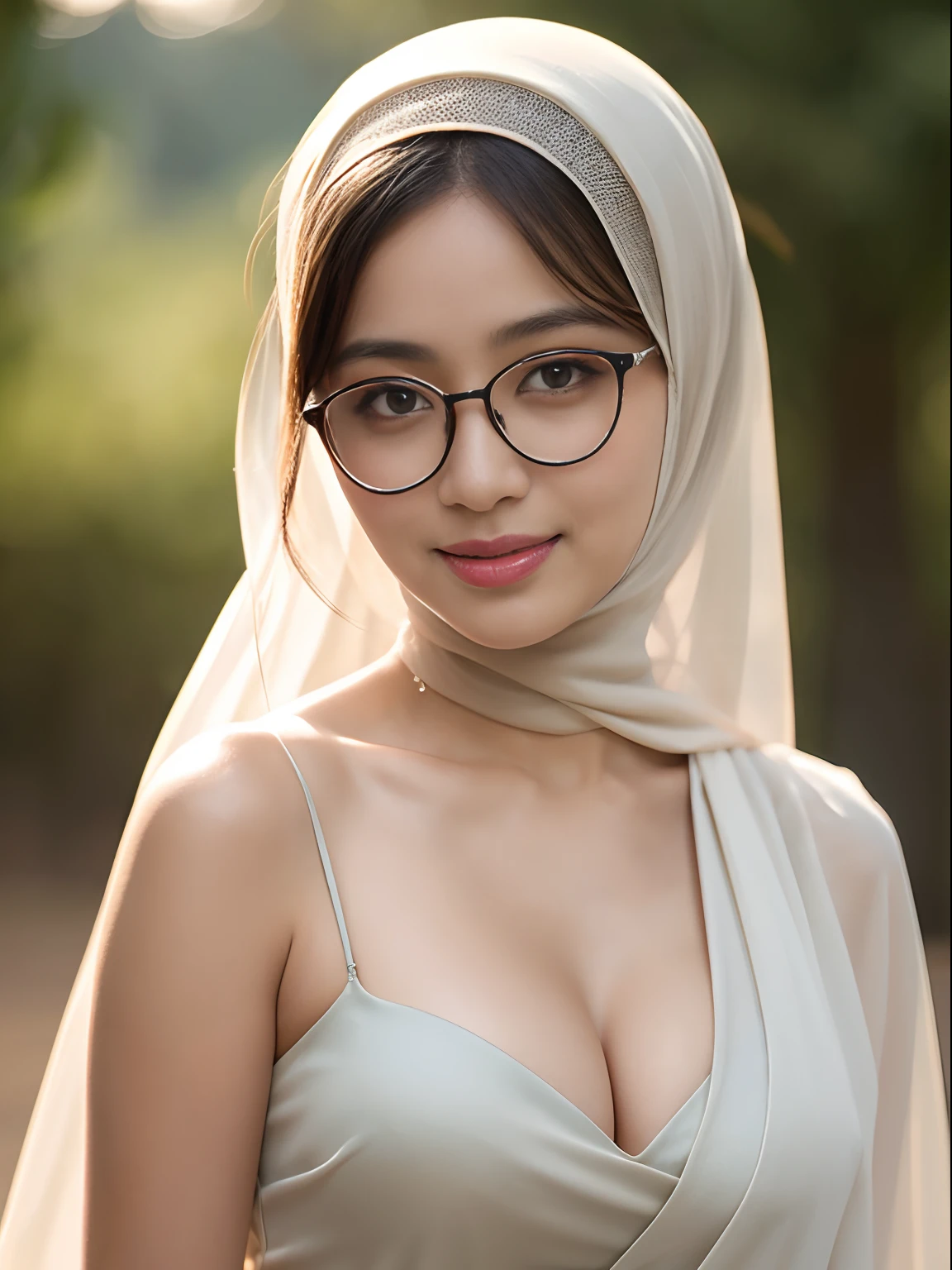 naughty, (iu:0.8),cleavage, RAW, Best quality, high resolution, Masterpiece: 1.3, Beautiful glasses angelic javanese hijabi in see-through saree, Masterpiece, Soft smile