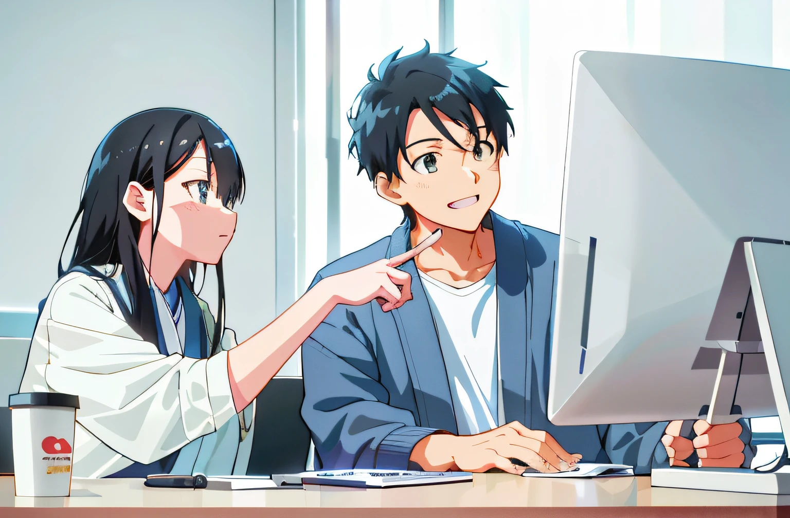 Anime character sitting at a desk with computer and cup, digital anime illustration, with index finger, visual novel key visual, visual novel cg, In anime style, anime moe art style, Smooth Anime CG Art, In front of a computer, High quality anime art style, official studio anime still, 4 k manga wallpaper, official anime still, digital manga art