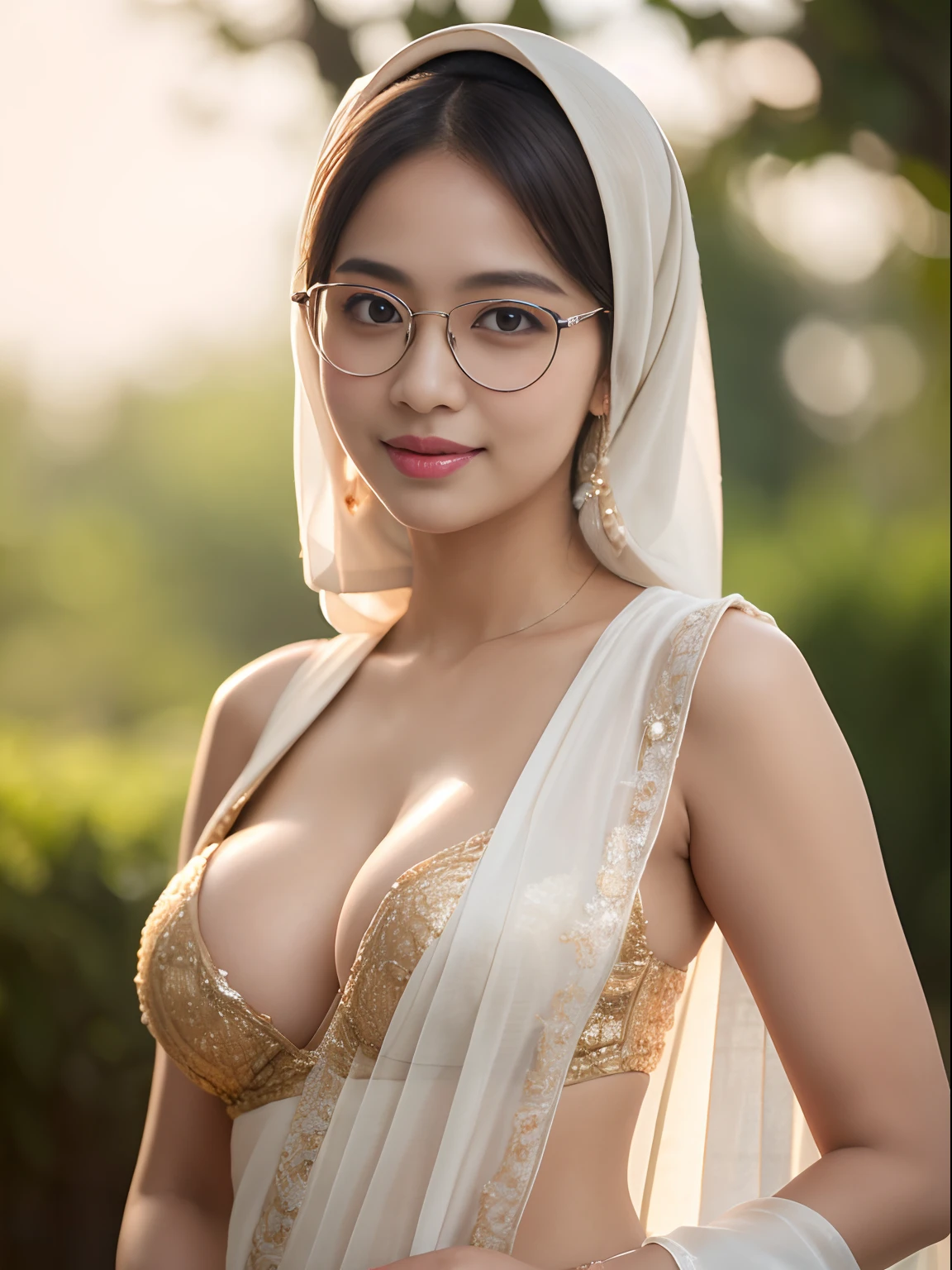 naughty, (iu:0.8),cleavage, RAW, Best quality, high resolution, Masterpiece: 1.3, Beautiful glasses angelic javanese hijabi in see-through saree, Masterpiece, Soft smile