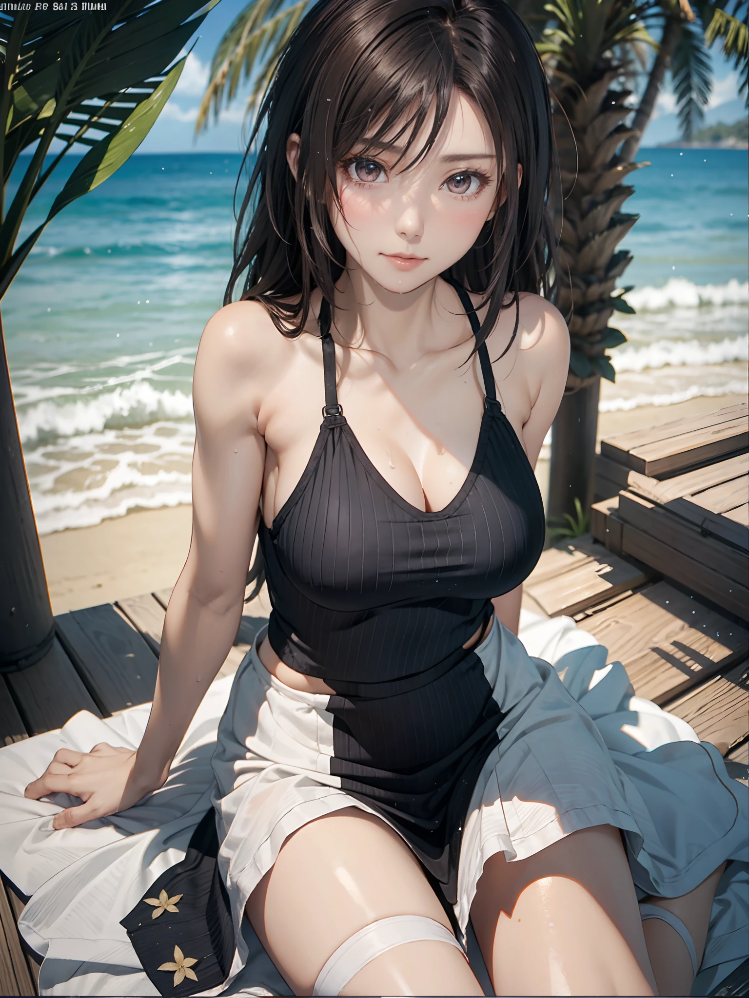 Hawaiian Wakiki Beach, Sleeveless dress, ((Best Quality, 8K, masutepiece: 1.3))), Clear focus: 1.2, (layers-Cut, Large: 1.2), Beauty of Perfect Figure: 1.4, Slender Abs: 1.2, Wet body: 1.5, Highly detailed face and skin texture,, Double eyelids, messy hair style, Plain makeup,