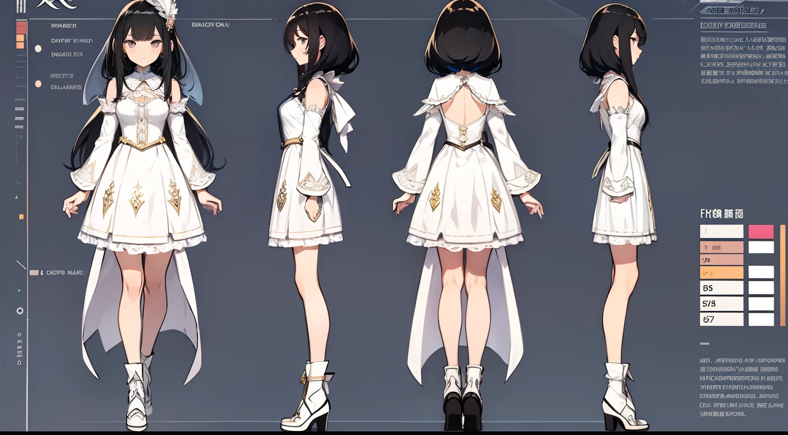 (character sheet),solo,A girl , highlighted black hair, wearing a pretty dress ,line art , ,character sheet detailed,3 different angles, highly detailed body parts