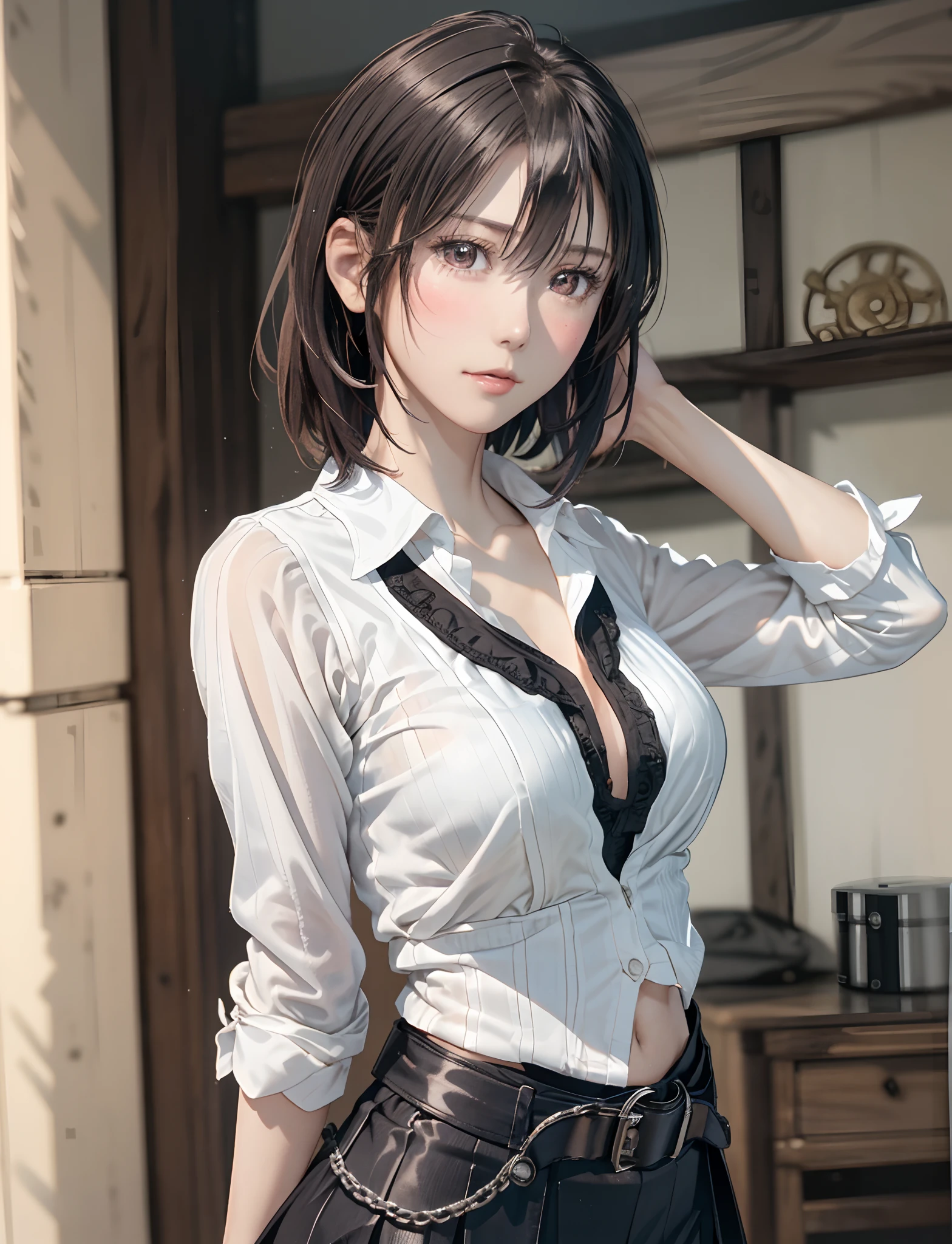 (masutepiece, Best Quality: 1.2), Yol(chain saw man),(Very detailed face, Real Image, Realistic skin, Realistic body, Intricate details), Light blush, Social Clothing, Semi-open button-up shirt (white), White bra, Skirt (Black), Black belt with buckle, Short hair, crass room, chalk board.