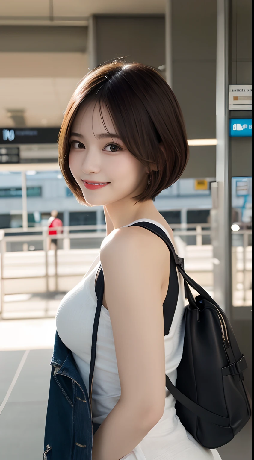 masutepiece, Best Quality, Illustration, Ultra-detailed, finely detail, hight resolution, 8K Wallpaper, Perfect dynamic composition, Beautiful detailed eyes, Women's Fashion Summer,Shorthair,small tits,Natural Color Lip, Bold sexy poses,Smile,airport、20 years girl、Cute、Sexy shot looking at camera
