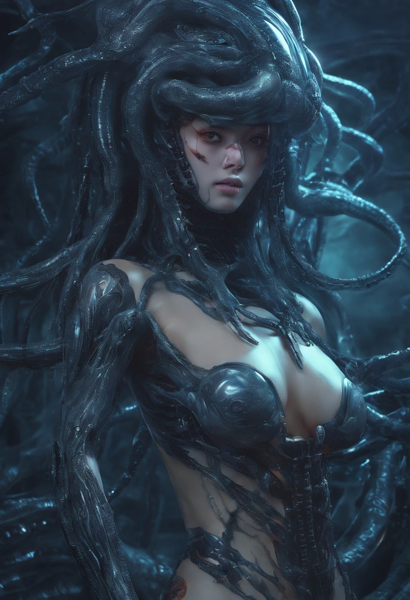 Tentacle , NSFW, Asian girls are suitable for slim young, NSFW, Tentacles wrapped around her body, Get her, Wear a mini bikini, Abs navel, Slender figure, Perfect body, Abs, thigh highs, Glowing dark fantasy stomach, Extremely high detail, Realistic, Photoreal, Wet skin, Horror, Stuck, Trapped
