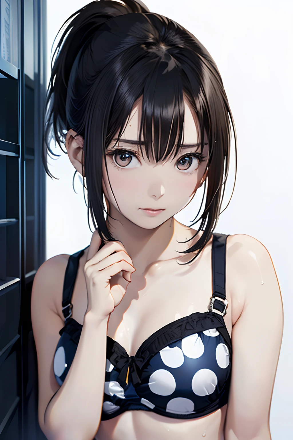 (Best Quality, 8K, Oil Painting, masutepiece:1.2), Ultra-detailed, (Realistic, Photorealistic:1.37), (((bustshot)))、(((Black hair)))、(((White bra)))、(((upperbody shot)))、(((Blue polka dot bikini)))、(((２０Women of a certain age)))、(((Small Micro Bikini)))、 (((A dark-haired)))、(((semi long hair)))、((( White background)))、(((Girly Hairstyles)))、(((Round Bikini)))、(((In front of a white wall)))、(((I'm in a hurry)))、(((Nothing on the top of the head)))、(((I'll be late)))、(((I'm sweating)))、(((I keep it short and in a ponytail)))