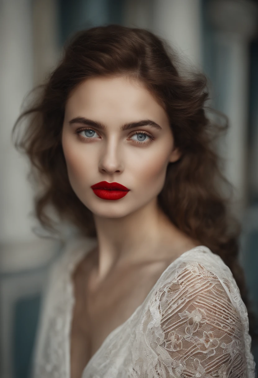 White young girl with thin red lips, olhos escuros e cabelo medio solto