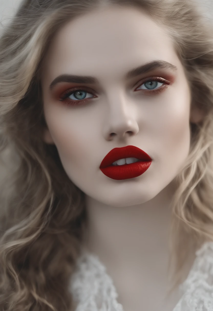 White young girl with thin red lips, olhos escuros e cabelo medio solto