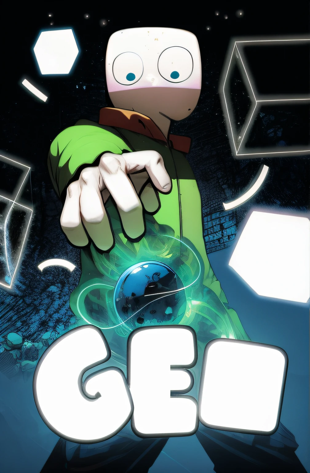 Imagen de dibujos animados de un hombre con una camisa verde y una bola azul, Illustration CEL, Arte del juego, Cel Animation, game promotional poster, Renderizado 2D, Cubierta del paquete, game poster, comic cover, limpiar cel sombreado, Portada de un nuevo videojuego, comic cover, El sombreado, Portada de videojuegos, Arte promocional, Arte del juego de portada, Cover illustration