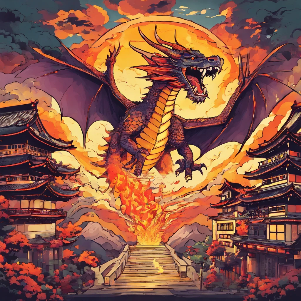 a dragon flying and spitting fire in a medieval-style city of Japan, A citizen's point of view. estilo anime. Landscape