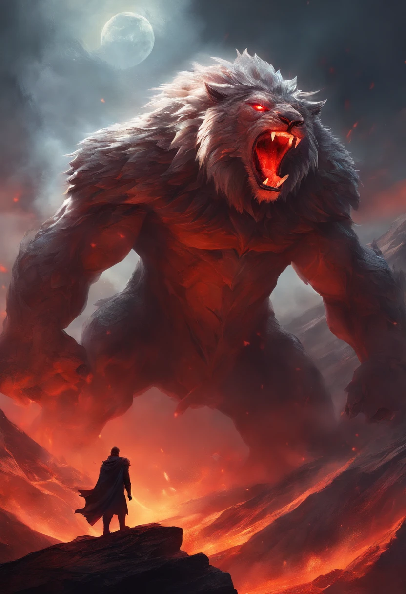 best quality,highres,professional,realistic,ultra-detailed,physically-based rendering,portrait,man,serious expression,sharp focus,beard,detailed eyes,strong, lion, detailed fur,emitting red smoke,interacting with a giant wolf beast,wolf beast,ferocious,large,sharp teeth and claws,giant size,snarling,glowing red eyes,crouching on a mountain peak,mountain peaks in the background,tall and majestic,covered in snow,dramatic lighting,dark and brooding atmosphere