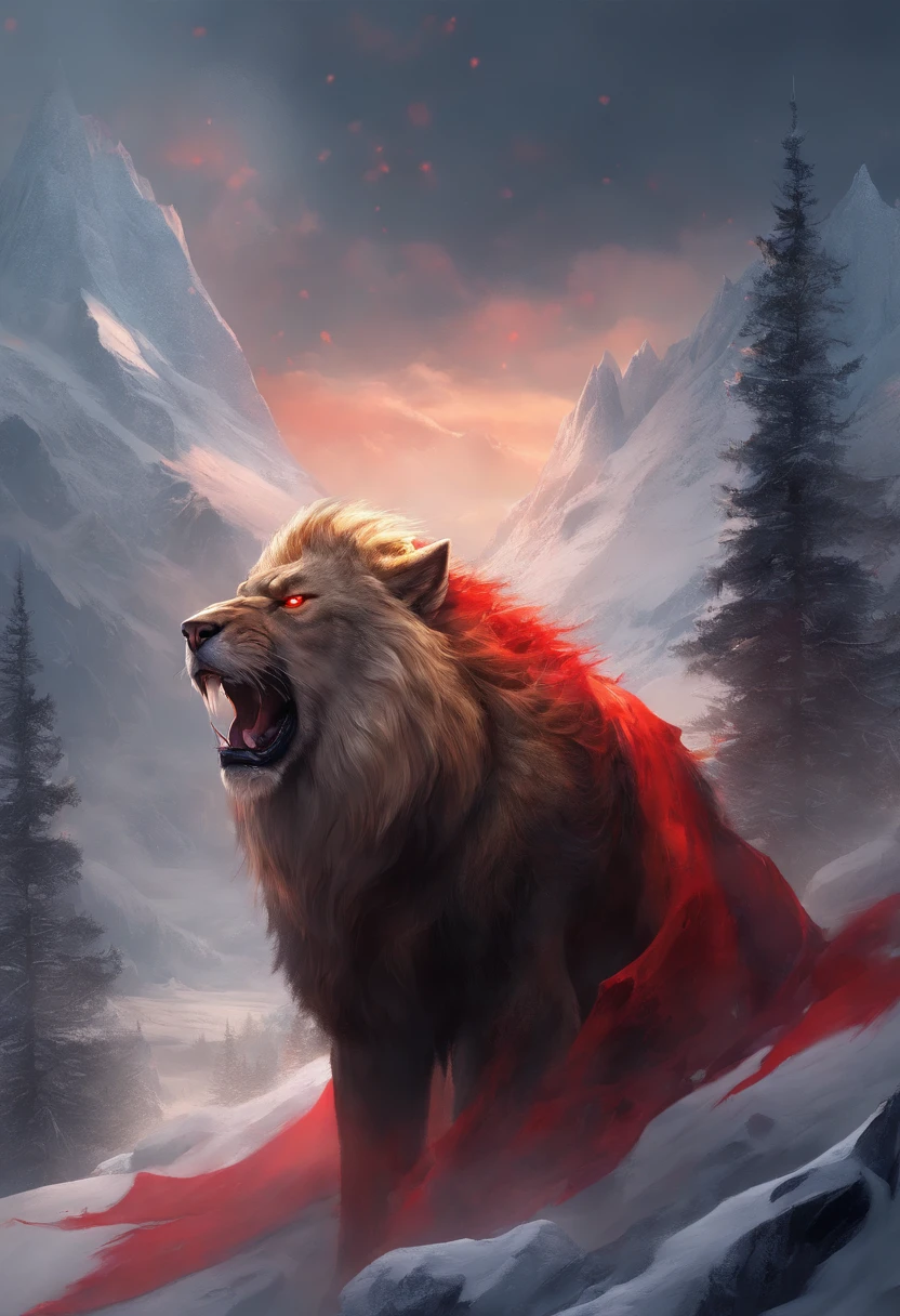 best quality,highres,professional,realistic,ultra-detailed,physically-based rendering,portrait,man,serious expression,sharp focus,beard,detailed eyes,strong, lion, detailed fur,emitting red smoke,interacting with a giant wolf beast,wolf beast,ferocious,large,sharp teeth and claws,giant size,snarling,glowing red eyes,crouching on a mountain peak,mountain peaks in the background,tall and majestic,covered in snow,dramatic lighting,dark and brooding atmosphere