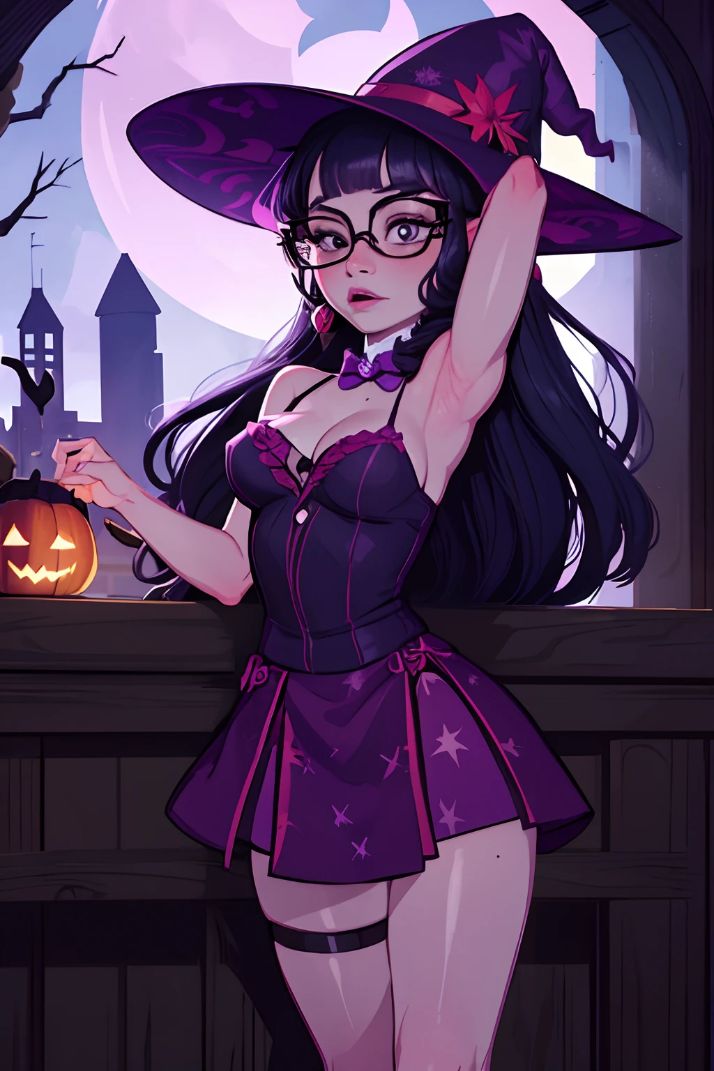 Twilight sparkle sexy revealing witch outfit, halloween, halloween night, glasses, halloween night, revealing, sexy, moonlight background, boobs, sexy, revealing witchoutfit, sexy, boob window, flat chested, freckles, intricate detail