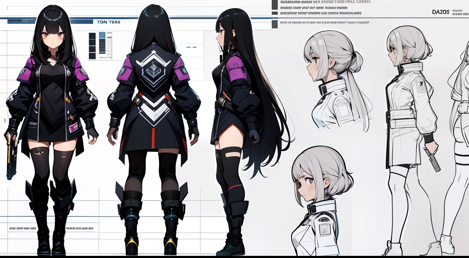 (character sheet),solo,A girl , highlighted black hair, wearing a cool outfit,line art , ,character sheet detailed,3 different angles, highly detailed body parts