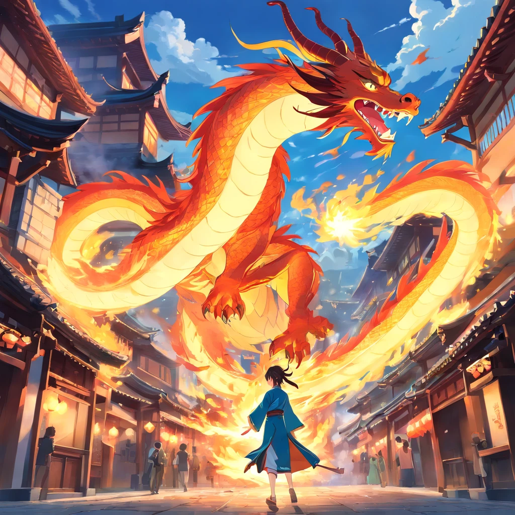 a Chinese dragon flying and spitting fire in a medieval style city of Japan, A citizen's point of view. estilo anime. Landscape