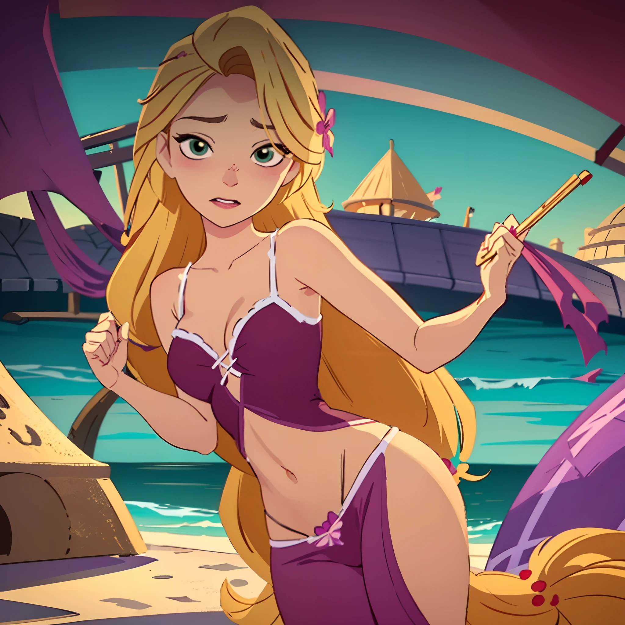 Rapunzel approaches you, offscreen, at the beach and looks quizzically as she she gets right on your face. Rapunzel tries poking your cheeks to wake you up. Rapunzel is wearing a lavender one piece swimsuit with a navel window; her long blond hair is hanging all over her back and her long bangs stop at her cheeks. (Rapunzel looks directly at the camera quizzically and pokes it: 1.3), cute and confused face, Rapunzel bends over in a lavender one piece with a navel window, long blond hair over her back and to her chin, beach, evening