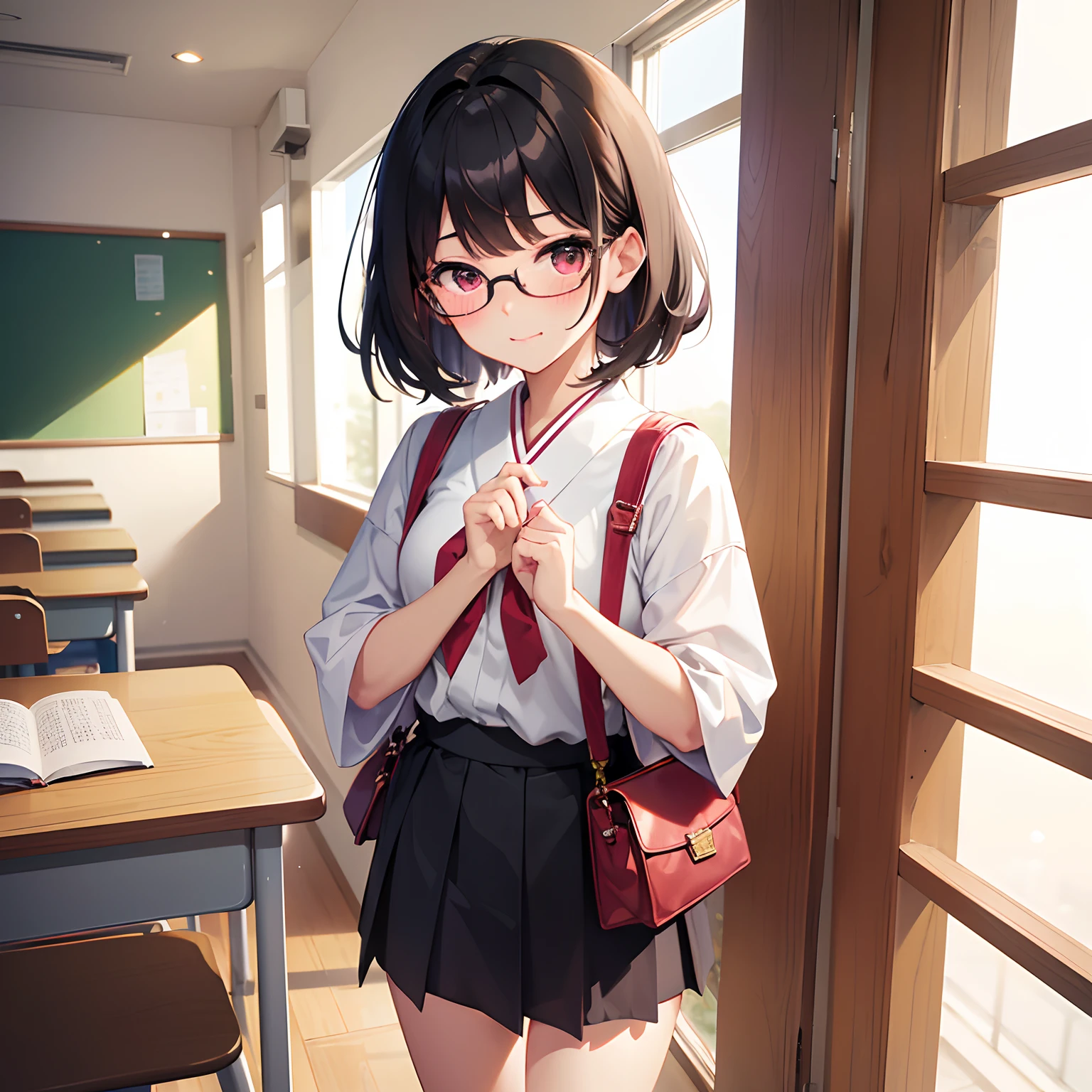 ((masterpiece)), ((best quality)), (ultra-detailed), ((kawaii)), cute, (lovely), anime style23, in the classroom, Japanese-style room, a little girl, child, solo, miniskirt, beautiful black hair, beautiful red eyes, ((beautiful eyes)), white-skinned, short hair, glasses, light smile, ashamed, triumphant look, smug look, self-satisfied look, blush