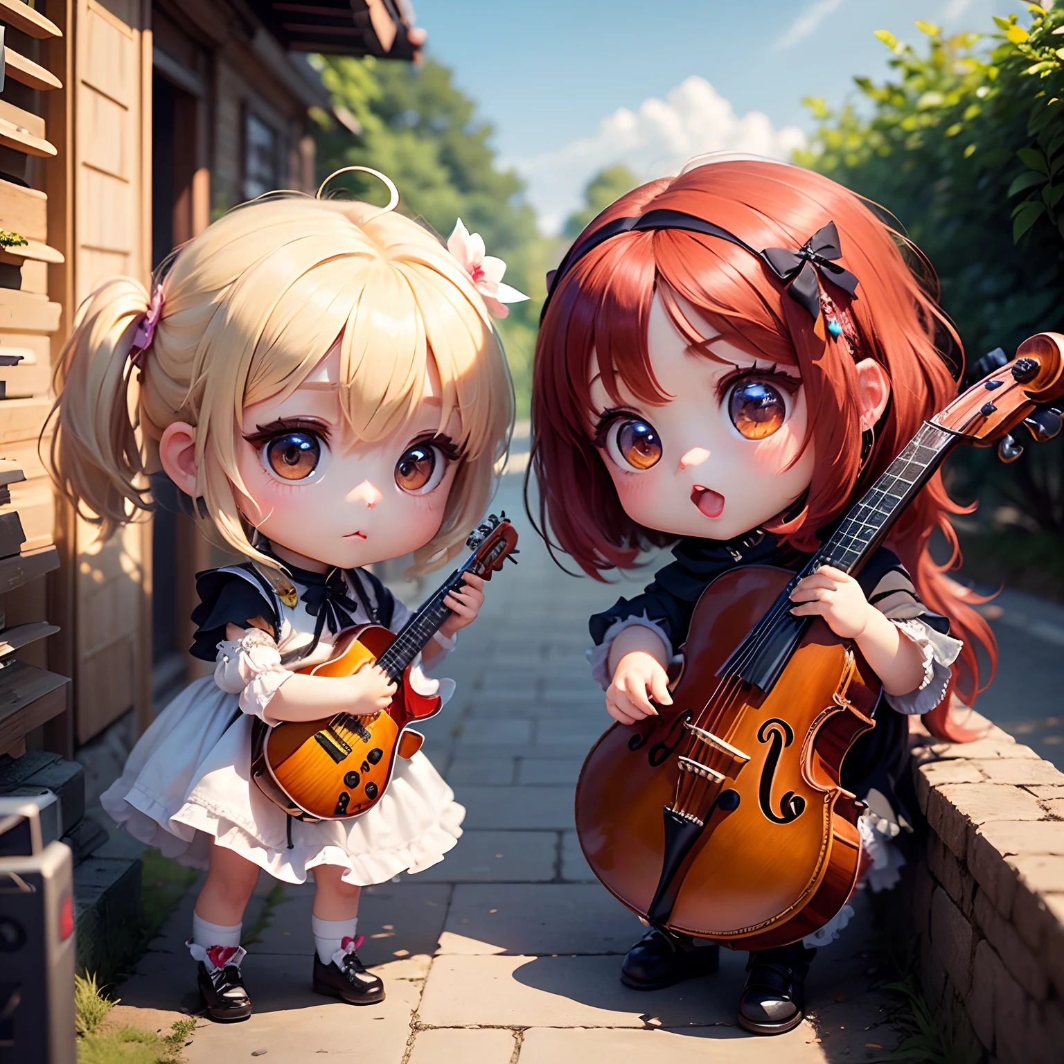 painting of two children, a blonde girl and a brown-haired boy, cheerful, happy, looking at each other with a look of brotherhood, love, boy playing guitar in a forest, 3d drawing of friends, by Craig Davison, by Elaine Hamilton, playing little viola, by Orshi Drozdik, in the style of Shrek movie, animated film still, 3D animated film still, Lovely disney pixar digital painting, by Eugeniusz Zak, cute art, by Nándor Katona, masterpiece, high quality. --auto --s2