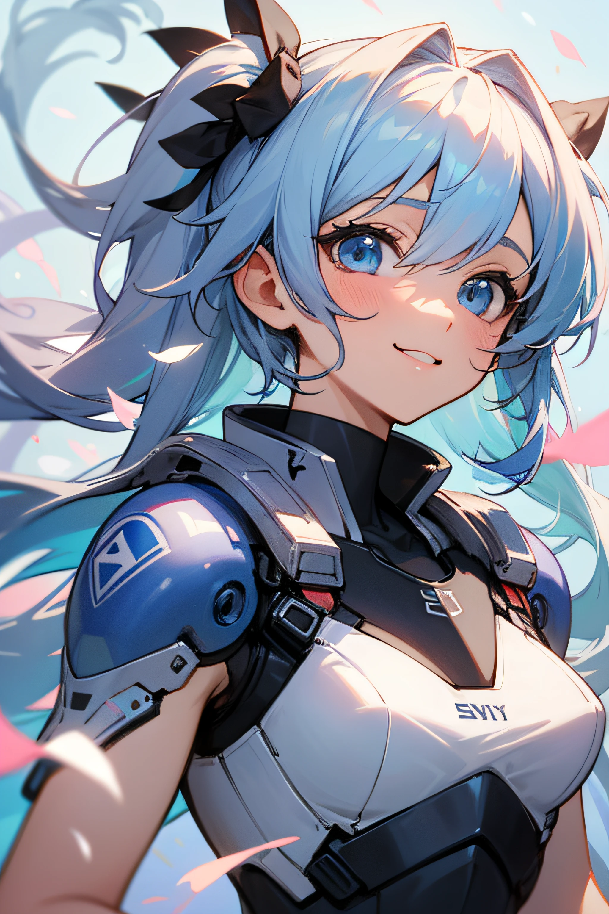 16-year-old girl、Light blue hair、Pink Eyes、Small breasts、A look of intense joy on one's face、A lot of acorns、white blouse shirt、Checked mini skirt、Upper body close-up、The background is a garden with flower petals falling..、Grin、From the side、Picturesque、Sharp contours