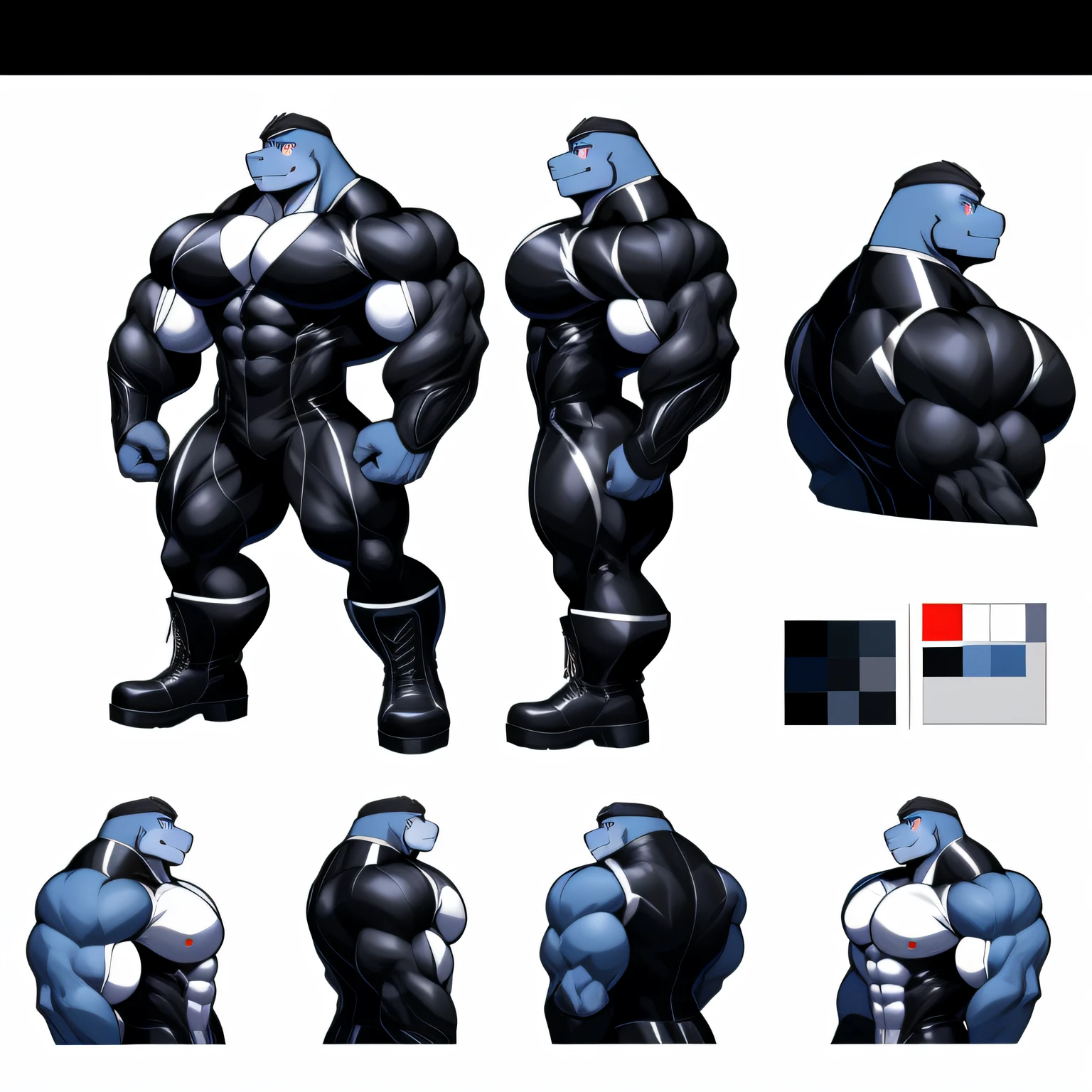 Close-up of a character, ((character concept art)), ((character design sheet, Same character, Front, from the side, Back)) Character image, Video game character design, Video game character design , ((masterpiece)), (((Best quality))), illustration, environment Scene change, Pose too, (simple background, white background: 1.3) lap, multiple_views, concept art, Cheat Sheet, Multiple views , (Multiple views of the same character in the same outfit: 1.3.) Machoke, GigaChad, (highly detailed eyes:1) (highly detailed face:1) (Highly detailed irises and pupils:1.2) Black suit, massive muscles, huge pecs , ((massive pecs)) ((huge pecs)) Chiseled ABS, huge pecs, outrageously huge muscles. A Pokémon hero whose presence inspires trust and respect. (((Her black bodysuit covers from the neck to the ankles and the sleeves completely cover the arms, Boots, gloves.))) ((Black Screen Bodysuit)) firm huge muscular thighs, round buttocks and round butt with the back, huge ((huge glutes))