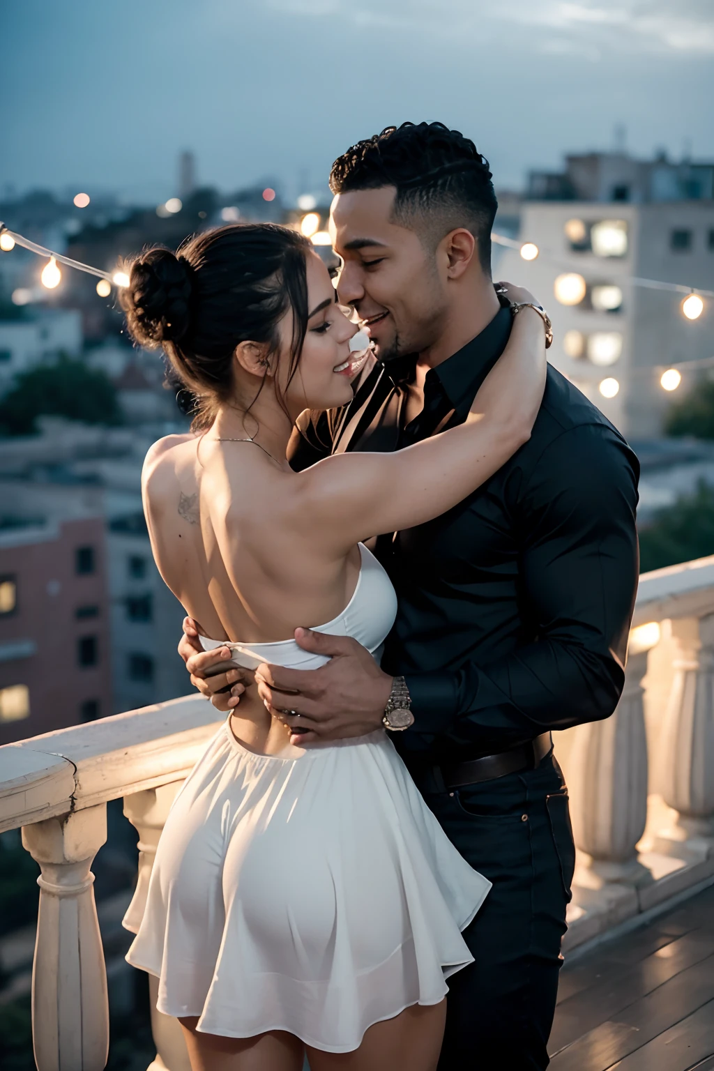 a couple together, (1female 1male), (all of body:2.2), (top view:0.6), ((couple is dancing Bachata:1.5)), face to face, eye gazing, dancing close, Dominican Republic Cuban dancers, her hair up, tight ballet bun:1.7,White Ginger, or the White Mariposa in her hair, I take a photograph with my high quality Leica camera, deep shadows:1.9, film beauty, masterpiece:1.4, cinematic:1.6, exterior balcony, autumn colors:1.3, she's intimately close as he leads their Cuban dance, lush film, she's in shadow, he grabs around her waist, his hands above her butt, perfect hands, embracing each other, (the nape of her neck:1.4), foreplay:1.8, she's provocatively smiling, intimate embracing each other, perfect Bachata, Salsa dance form:1.2, close to this man, (he has curly brown hair:1.1,), (man has hairy, veiny muscular arms:1.3) , (woman wearing Flowy skirt or dress with spandex shorts underneath:1.1), (man wearing jeans or pants that are a regular-fit, dark dress shirt, ), sweat glistening:0.7, steamy, sun setting backlit: 1.7, gorgeous balcony with flowers and string lights:1.8, view from balcony beautiful, chimneys smoking, village, loving moment, of a a couple in love