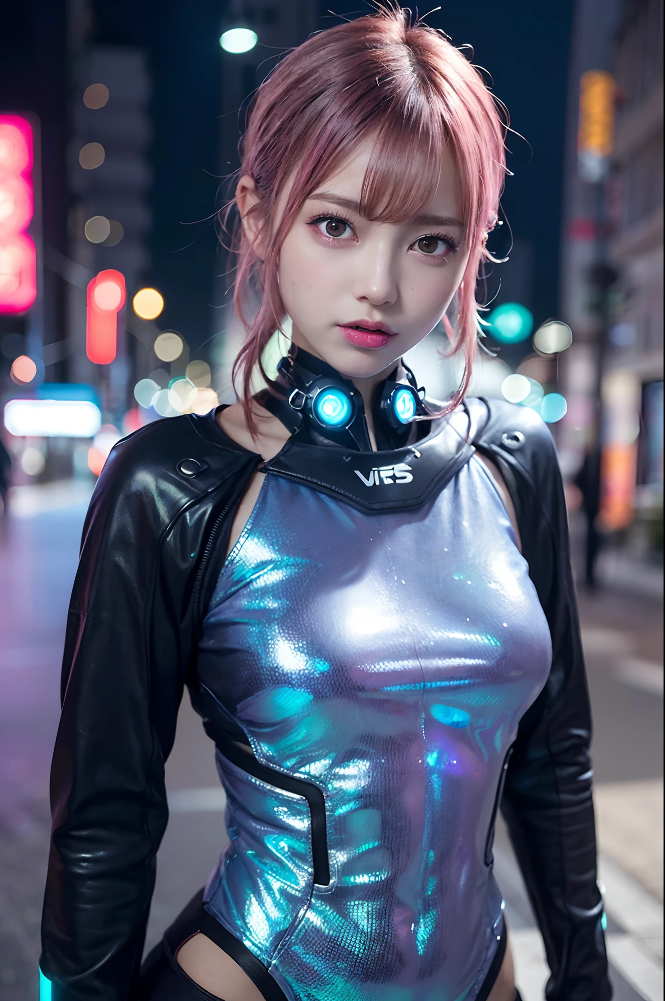 Dark Body 8K Drive Rendering, Teenage Female Cyborg, Pink hair, Colossal tits, In the city of neon lights, action SHOT, closes mouth,  ((a closed mouth)), Skin pores, Detailed complex iris, Very dark lighting, heavy shadow, Detailed and detailed face, ((vibrating, photos realistic, realist, Dramatic, murky, foco nítido, 8?And then)),  ::Futuristic cyberpunk style, , Wear a luminescent iridescent bodysuit, Realistic style, ::n_digital-painting style