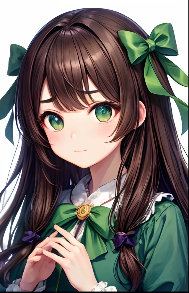 girl with、No background、without background、Background through、brown haired、Brown hair、The long-haired、long、Subject bangs、Pattsun bangs、Aligned bangs、Sareme、drooping eyebrows、Takuambi、Marovi、Round eyebrows、Green eyes、green colored eyes、、embarrassed、Shy face、bow ribbon、Green dress、Princess、long-sleeve、frilld、kawaii、No background